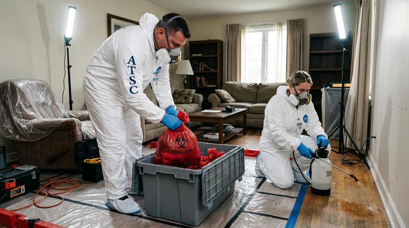 Professional Biohazard Cleanup technician in full PPE working in North Madison